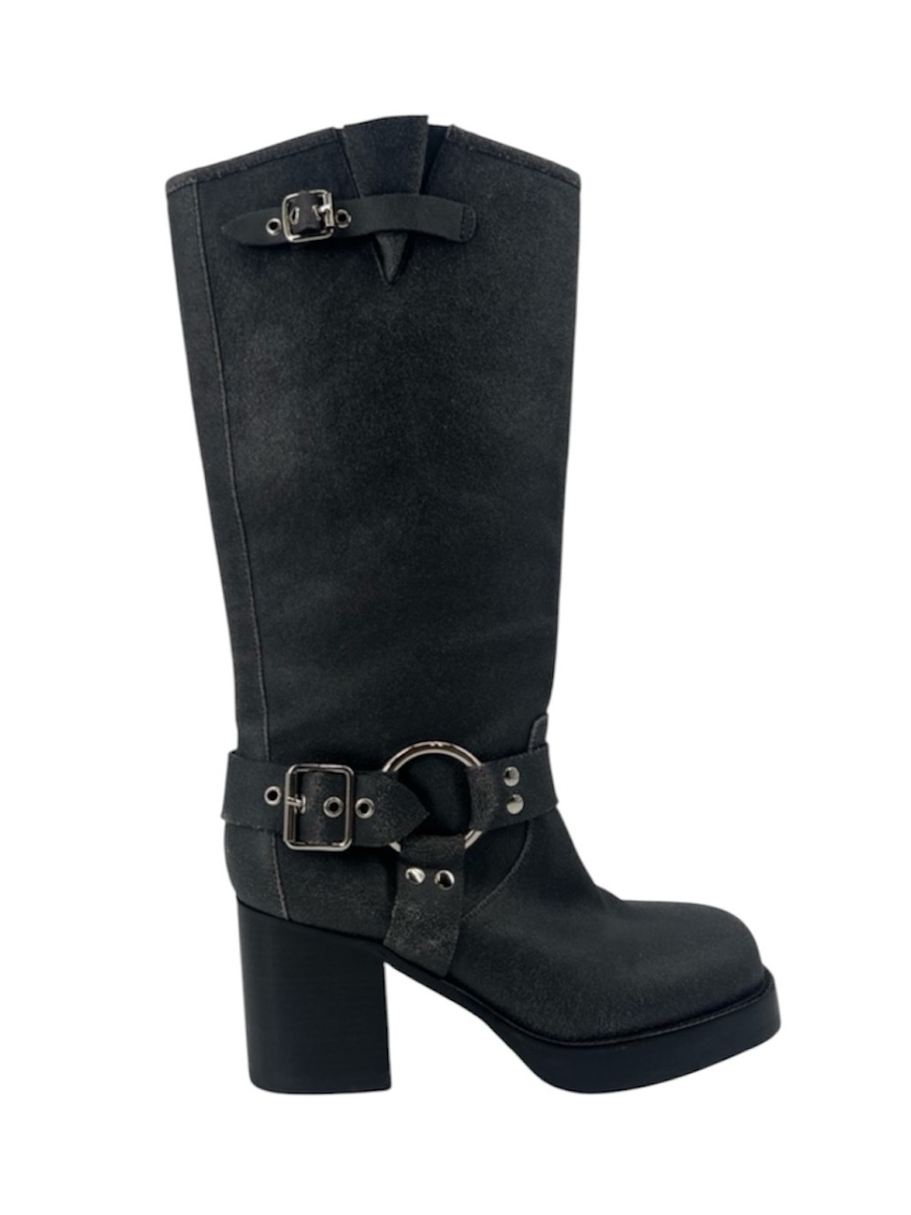 Jeffrey Campbell Crackled Grey Mid-Calf Tall Buckle Western Stacked Heel Boots
